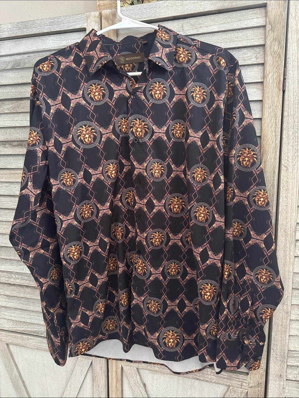 Modern Black & Gold Medallion Print Men's Button-Up Shirt size large